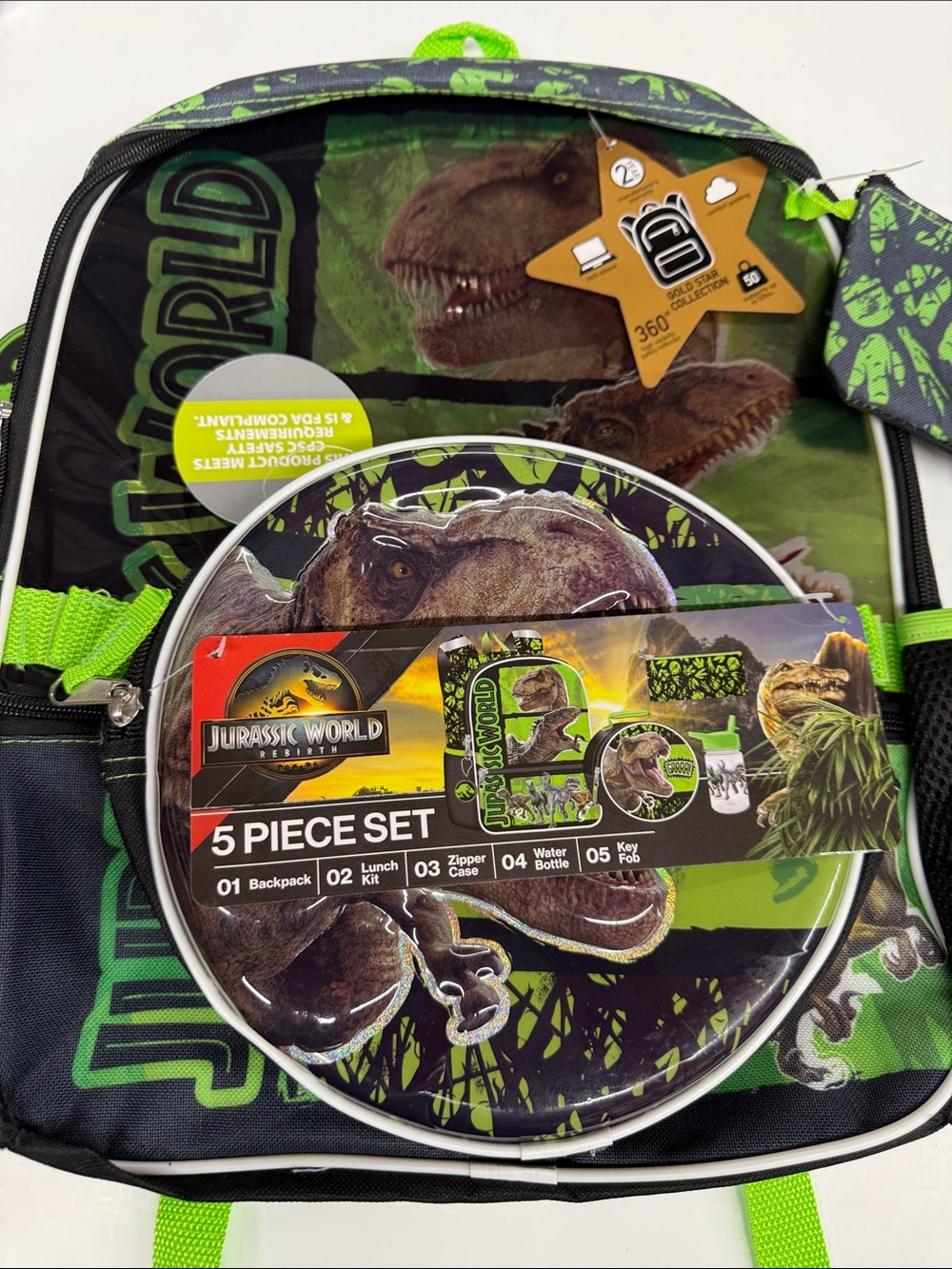 NEW Kids Green Dinosaur 5-Piece Jurassic World Set with lunchbox
